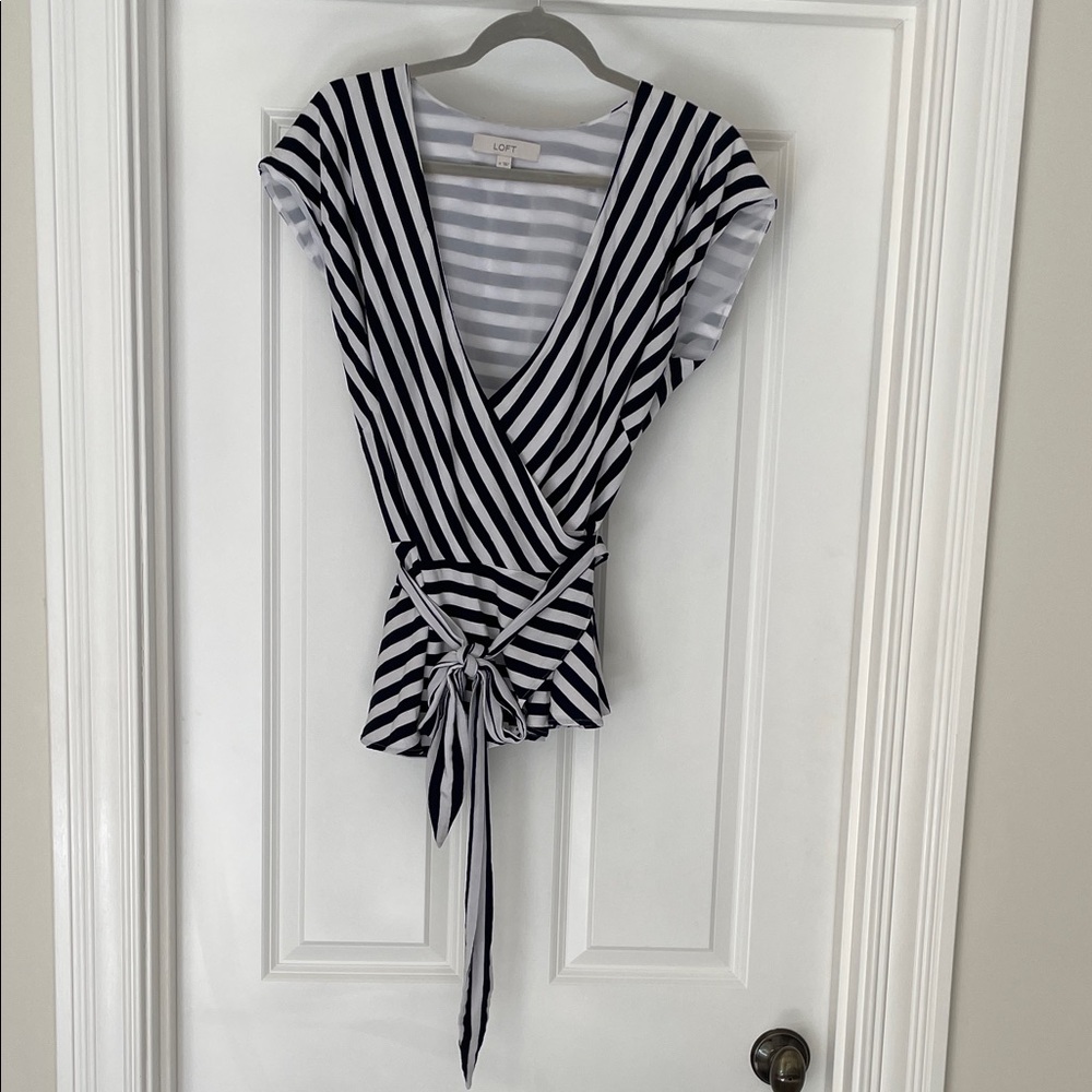 LOFT Navy and White Striped Blouse